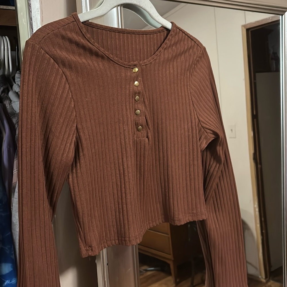 Brown ribbed SHEIN long sleeve cropped shirt